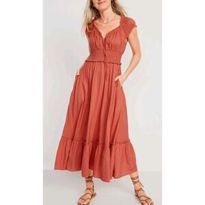 Old Navy Swiss Dot Milkmaid Maxi Dress XS TALL Coral Cottagecore Prairie Smocked